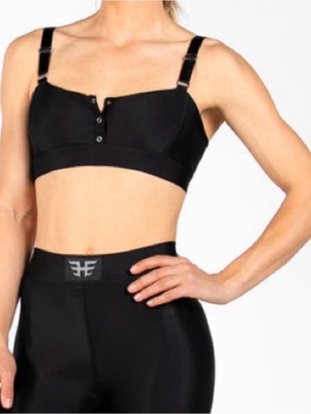 Heroine Sport Black Henley Front-Snap Sports Bra and Matching Leggings Set